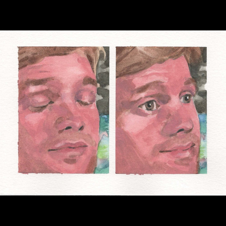 A watercolor art print featuring two side-by-side portrait panels of a man's face, rendered in pink, peach, brown, and muted blue tones on a white paper background.