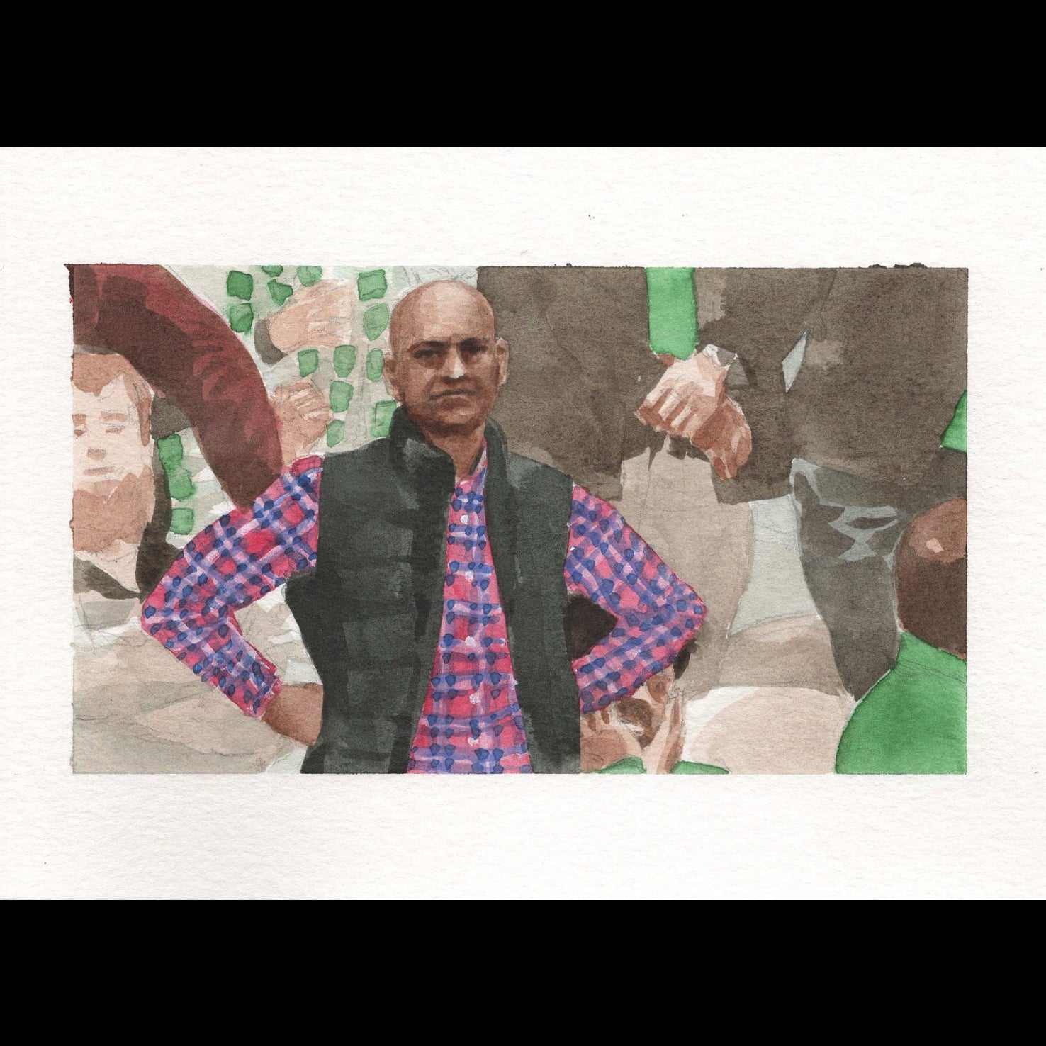 A watercolor portrait painting of a bald man wearing a red and blue plaid shirt and a black vest, set against a white textured paper background.