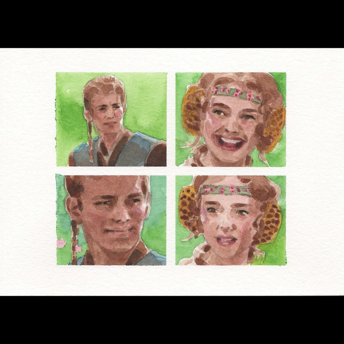 A watercolor painting of the Star Wars Padme and Anakin meme. 