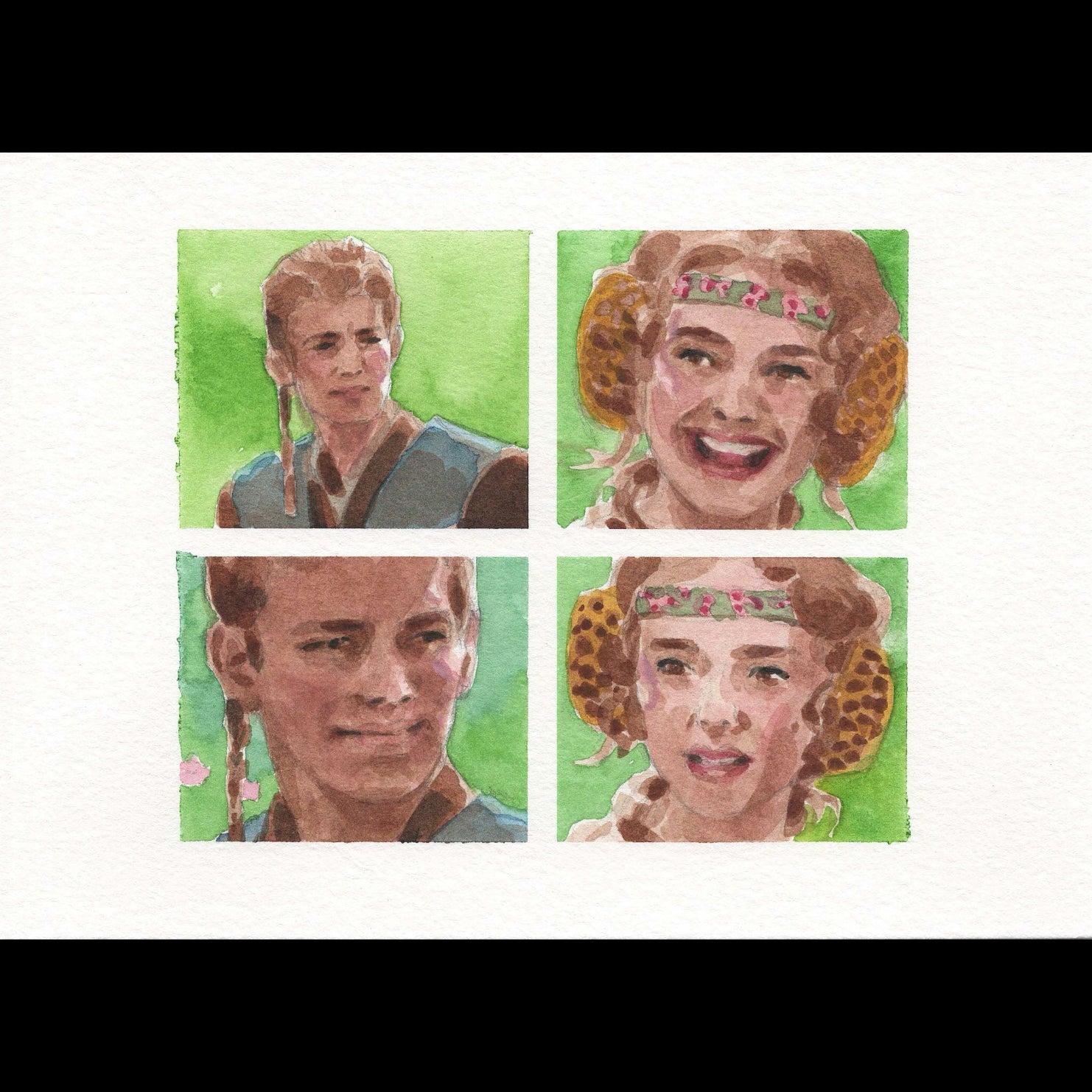 A watercolor painting of the Star Wars Padme and Anakin meme. 