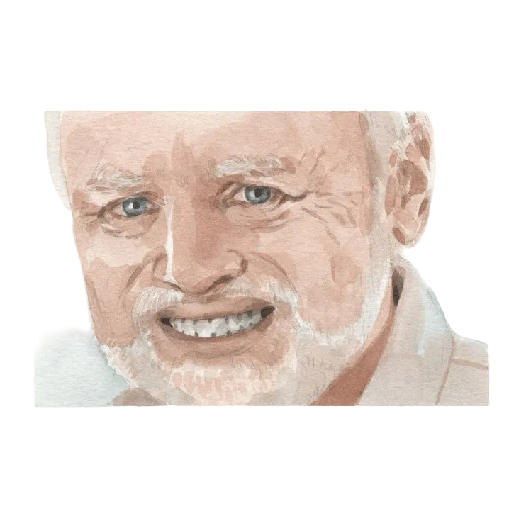 A watercolor portrait print of an older man with blue eyes, white hair, and a white beard, smiling. The artwork is presented on a textured off-white paper background with a light blue rectangular block behind the lower part of the portrait.