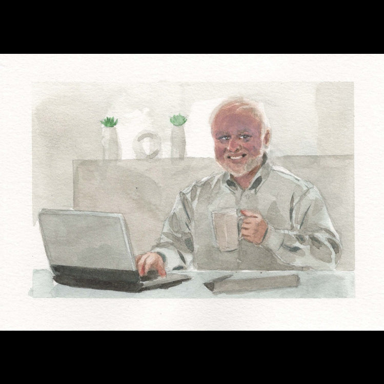 A watercolor-style illustration of an older man sitting at a desk, smiling while using a laptop and holding a mug. The scene is rendered in soft gray, beige, and muted green tones on a textured off-white background.