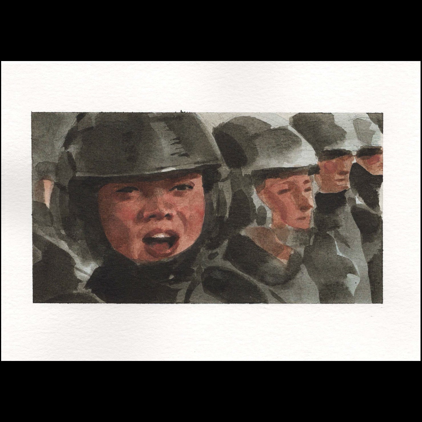 A watercolor painting of a group of police officers wearing helmets, with one officer in the foreground looking upward. The artwork is presented on a white paper background.