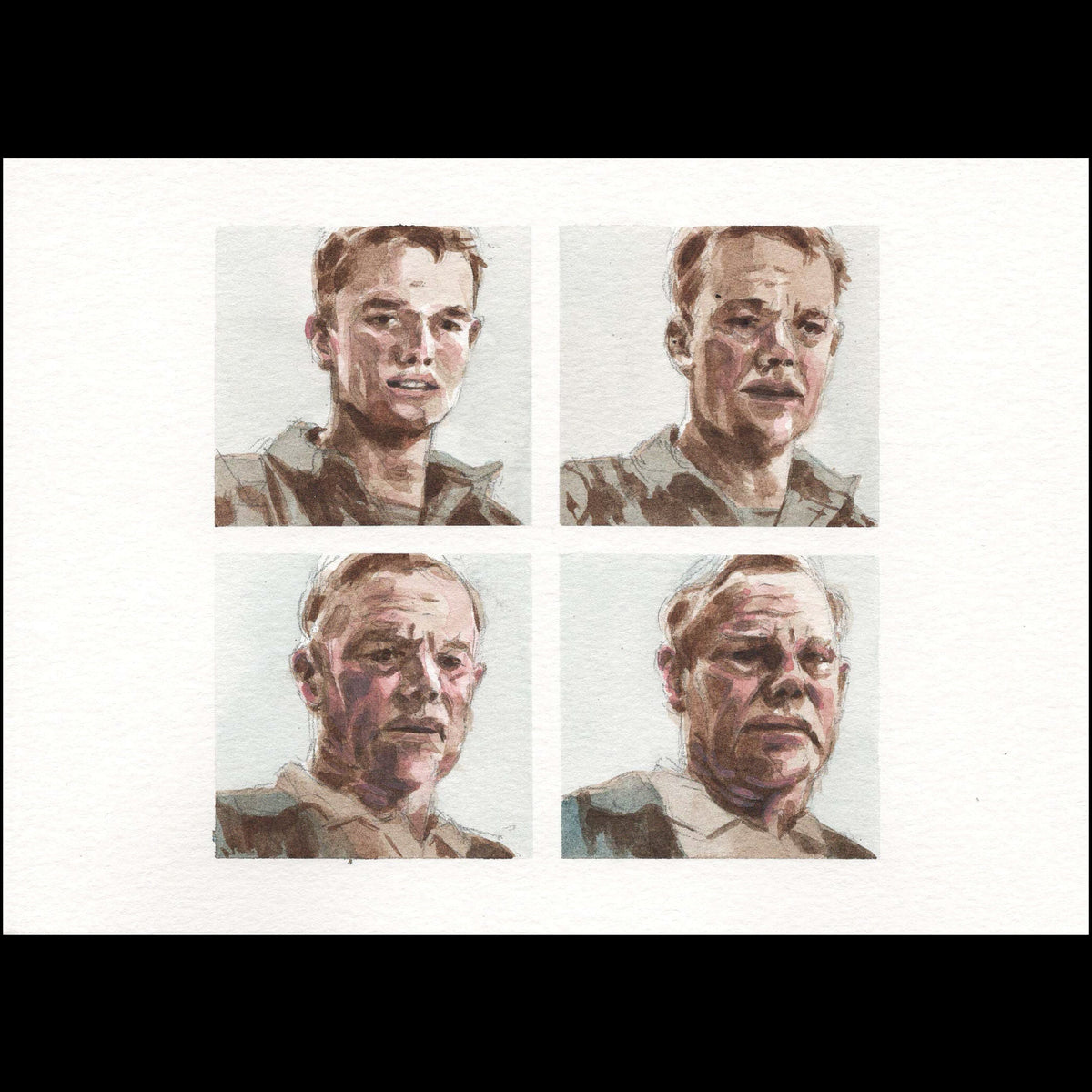 A watercolor art print featuring four sequential portrait sketches of a man's face, progressing from youth to old age, arranged in a 2x2 grid on a textured white paper background.