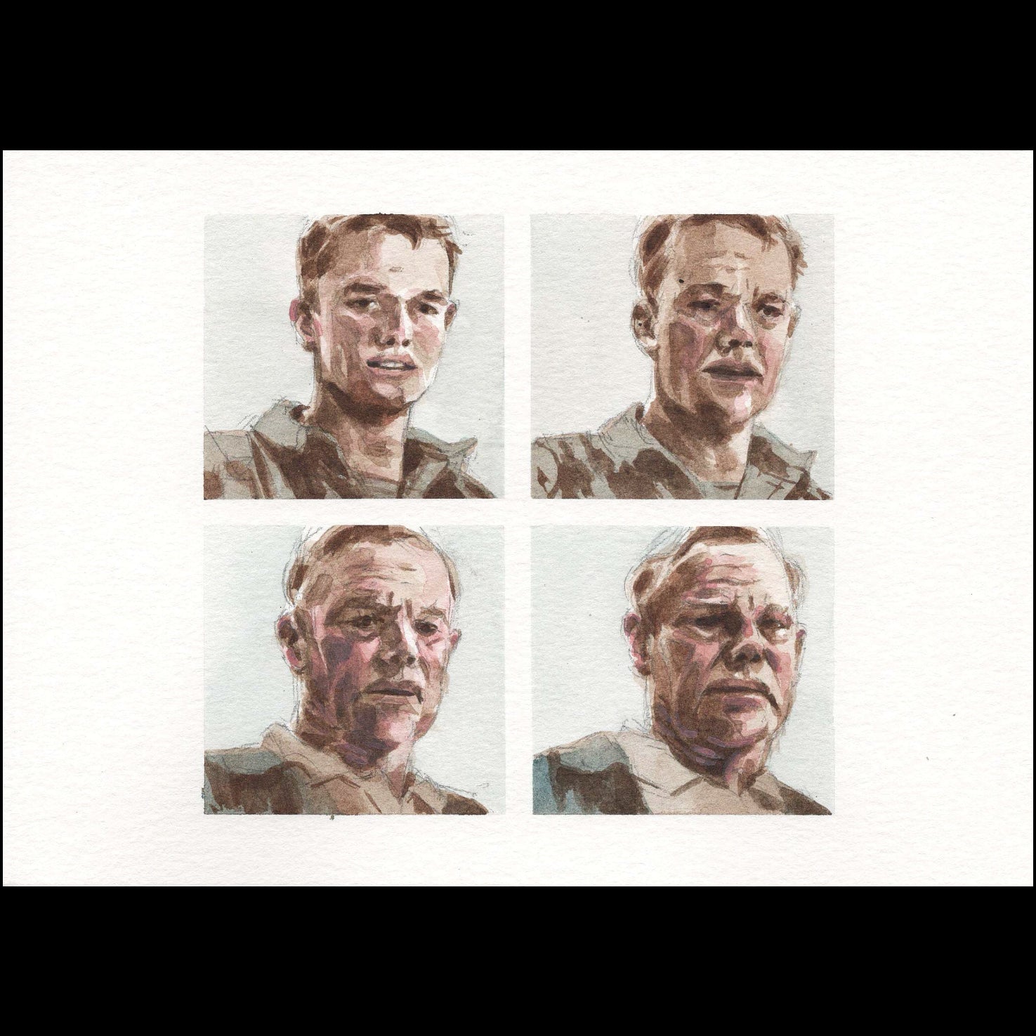 A watercolor art print featuring four sequential portrait sketches of a man's face, progressing from youth to old age, arranged in a 2x2 grid on a textured white paper background.