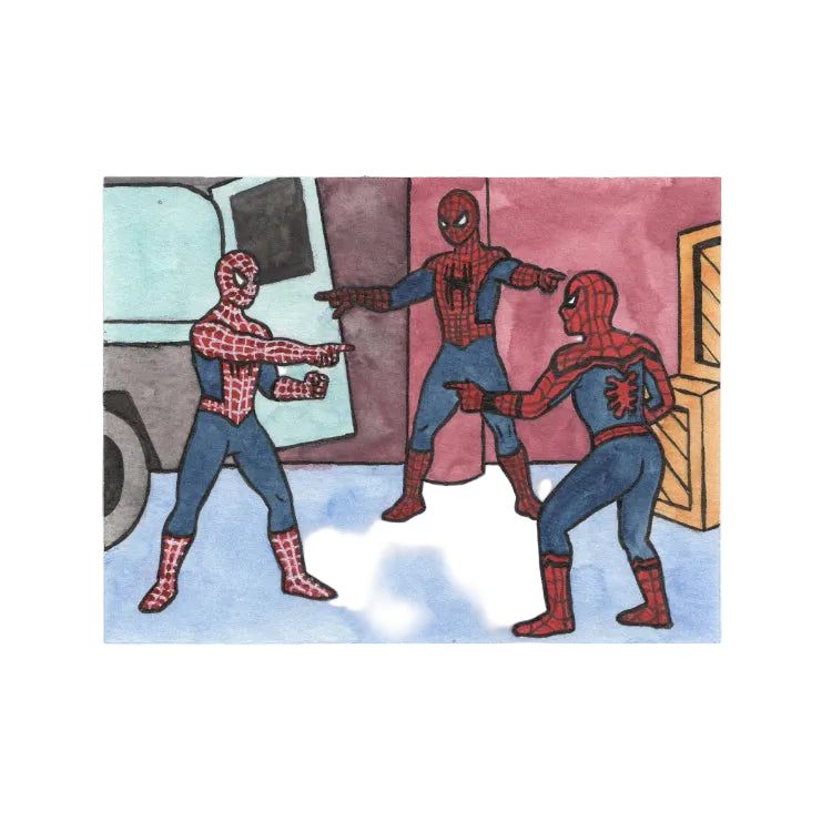 A watercolor-style illustration of three Spider-Man characters in red and blue suits pointing outward, set against a pink and blue background with a white border around the artwork.