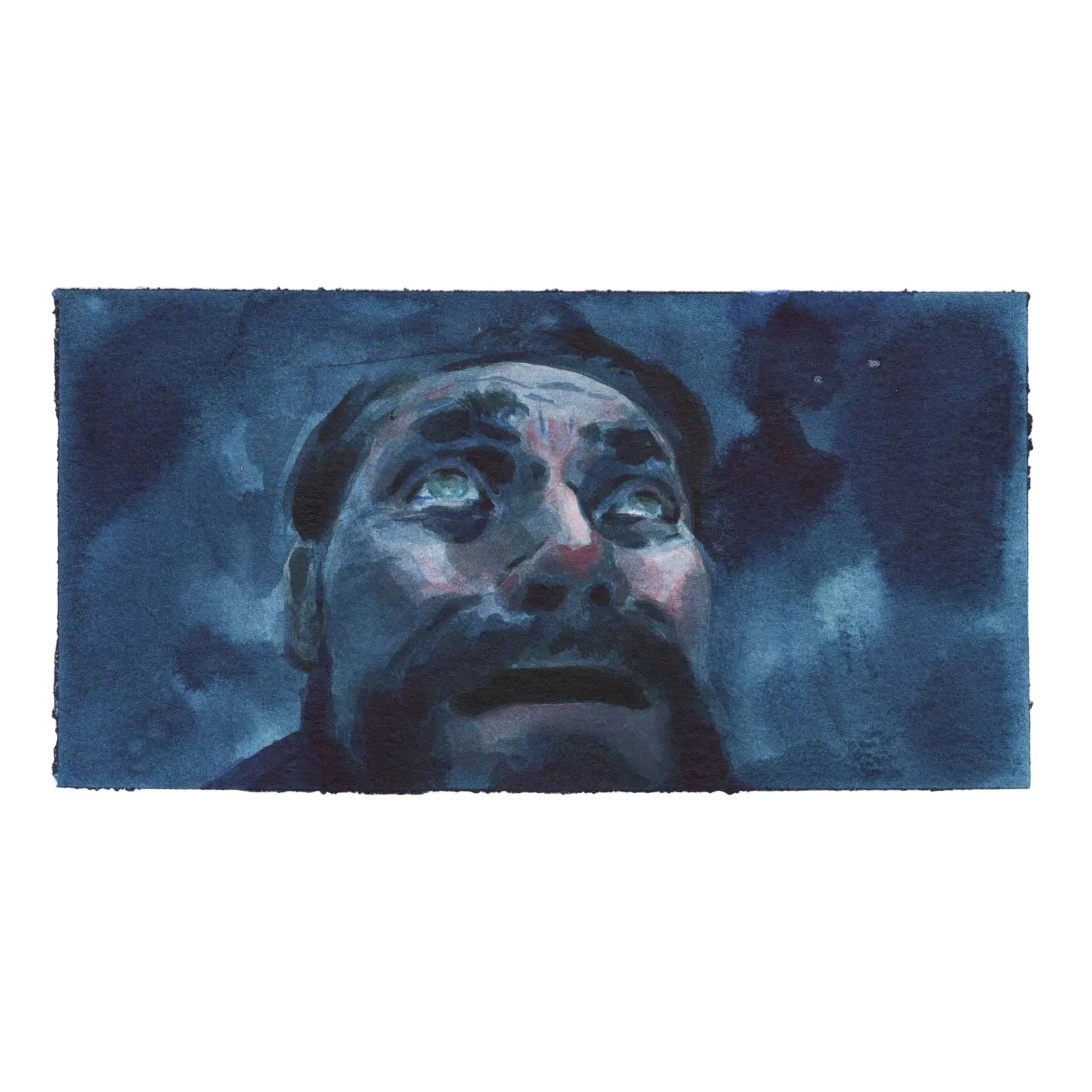 A watercolor painting of a man's face looking upward, rendered in deep blue tones with black shadows and subtle pink highlights, centered on a white paper background.