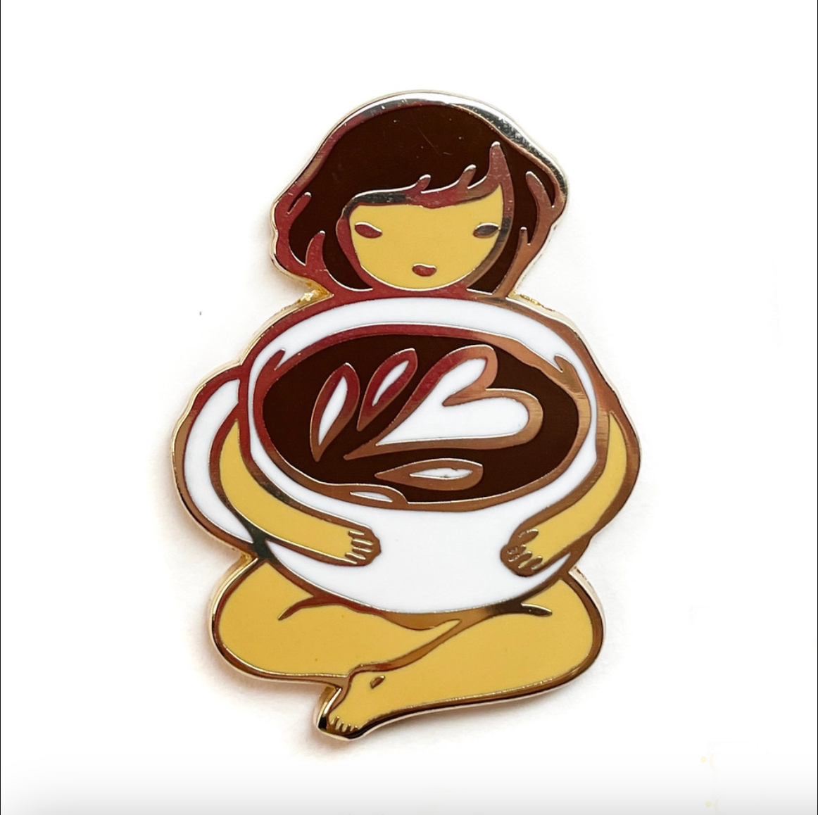 Enamel pin of a girl holding a cup of coffee