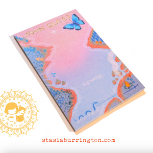 A notepad that says "Main Quest" at the top and "Rewards" at the bottom and features a fantasy map on a pink and blue background