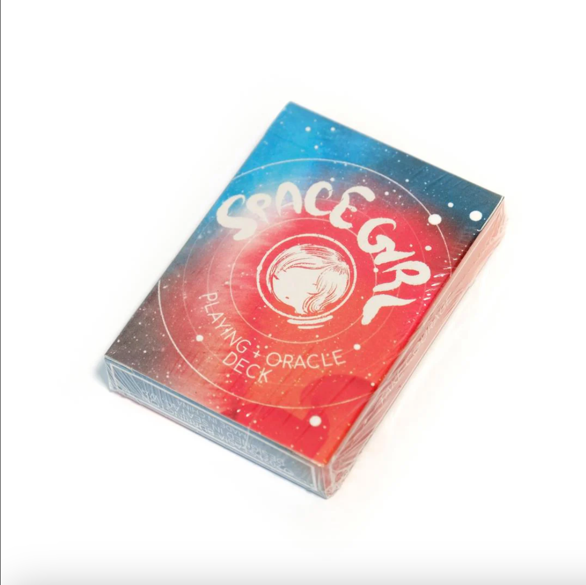 Space Girl playing and oracle deck on a white background