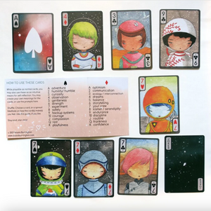 Set of cards with illustrated characters and text on a white background