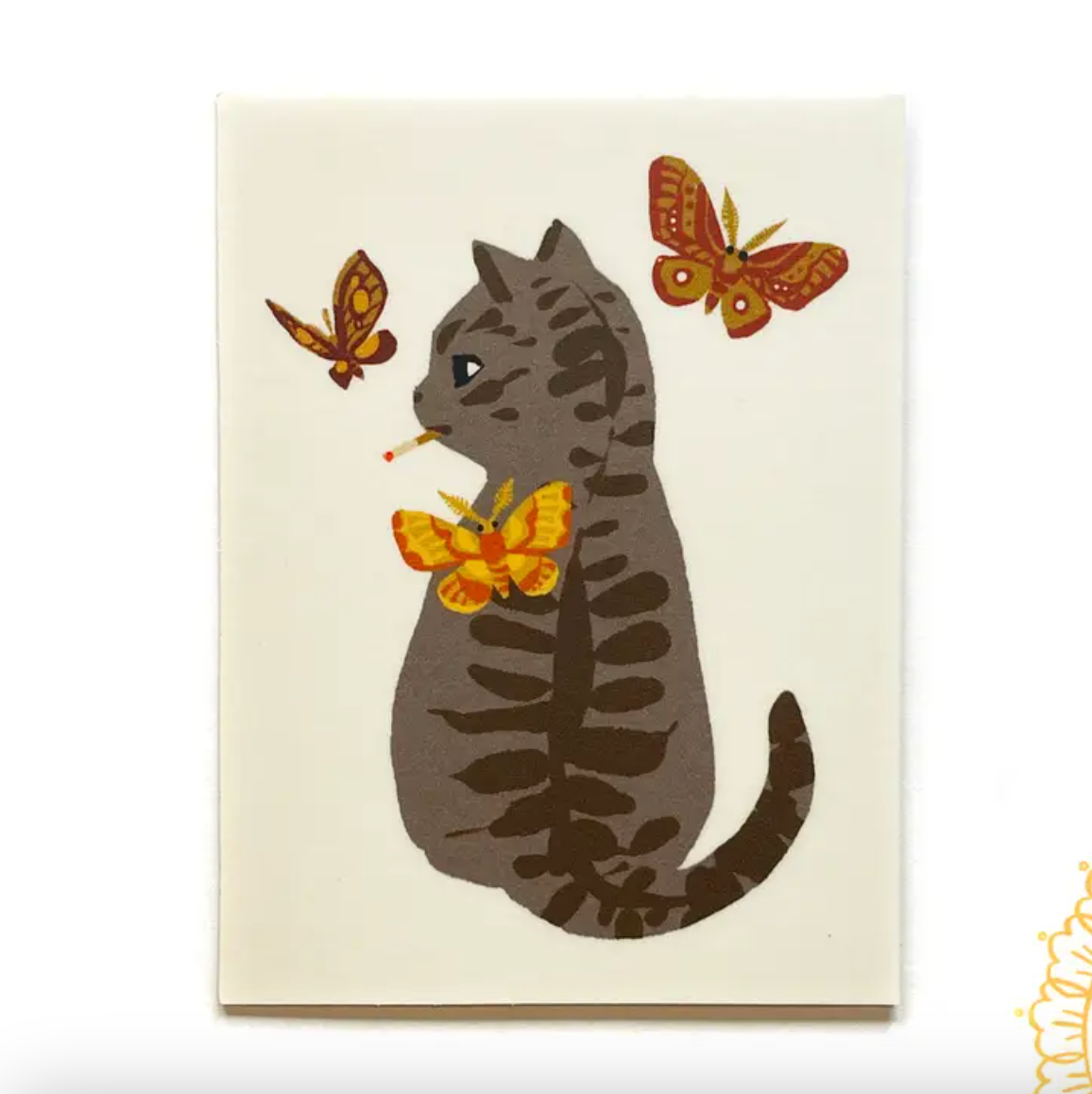 Sticker with a cat smoking a cigarette surrounded by moths