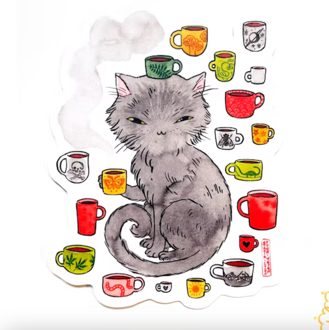 Sticker of a gray cat surrounded by mugs of different shapes and colors. 