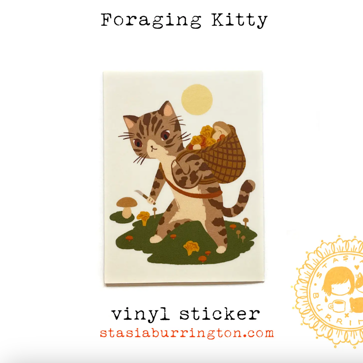 Vinyl sticker of a cat with a basket of mushrooms on a white background
