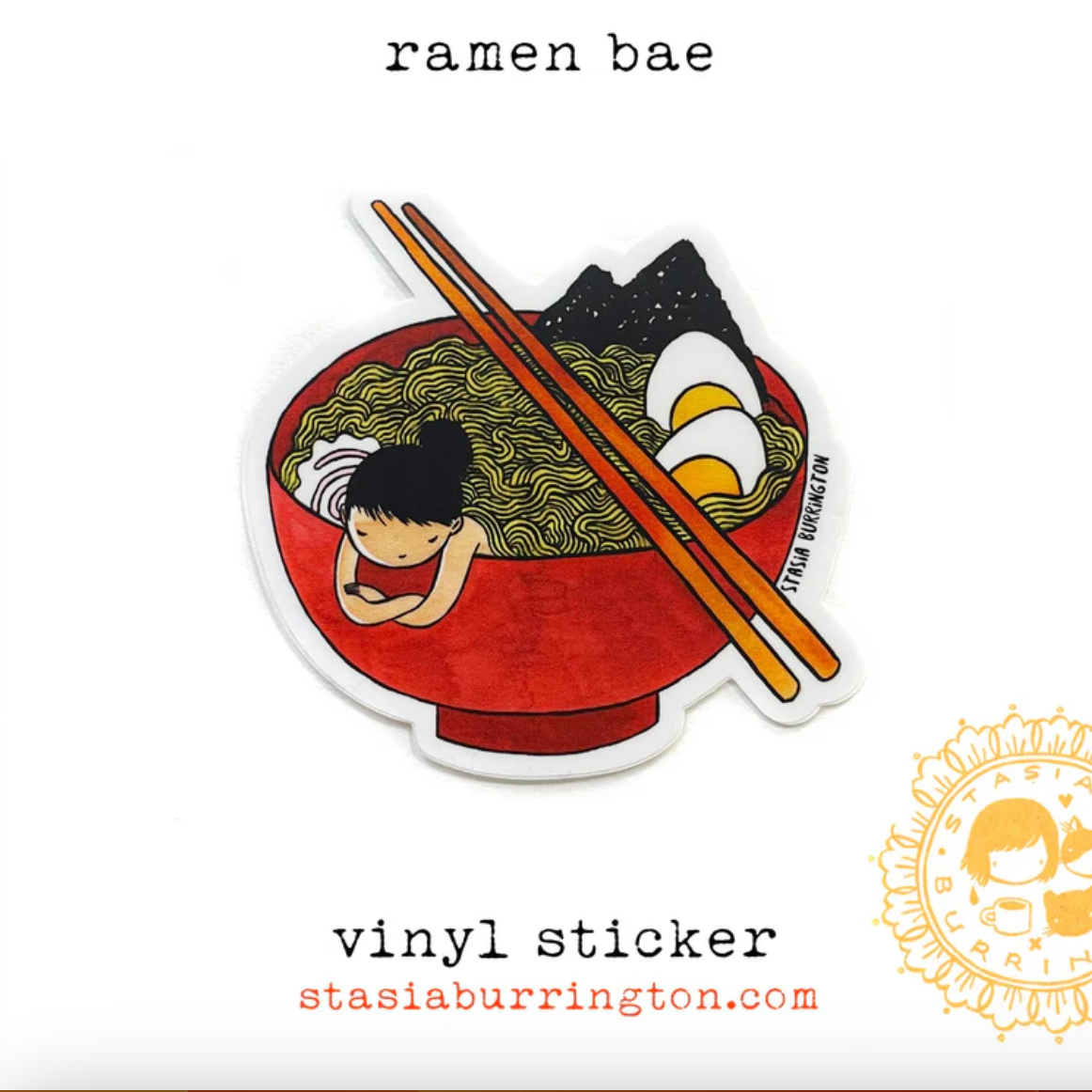 A sticker of a girl lying in a bowl of ramen with chopsticks