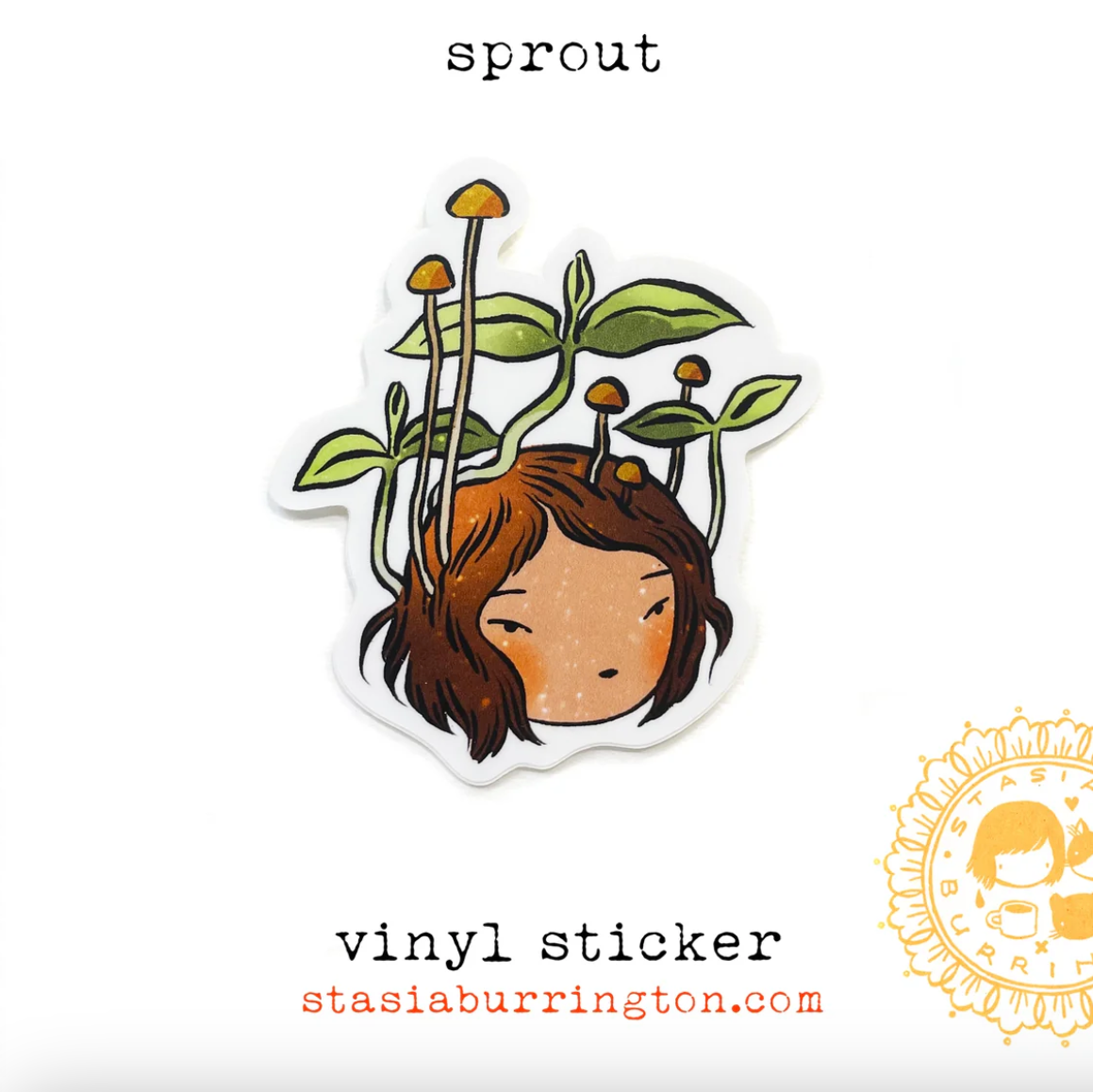 Sticker of a girl's head with plants and mushrooms growing out of it