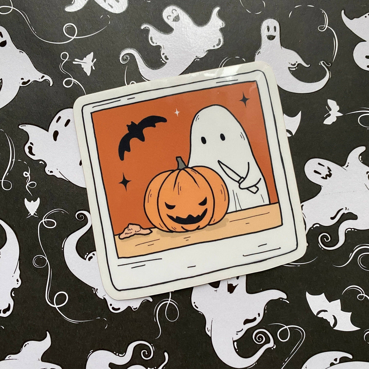 Illustration of a ghost with a pumpkin on a black background with ghost patterns