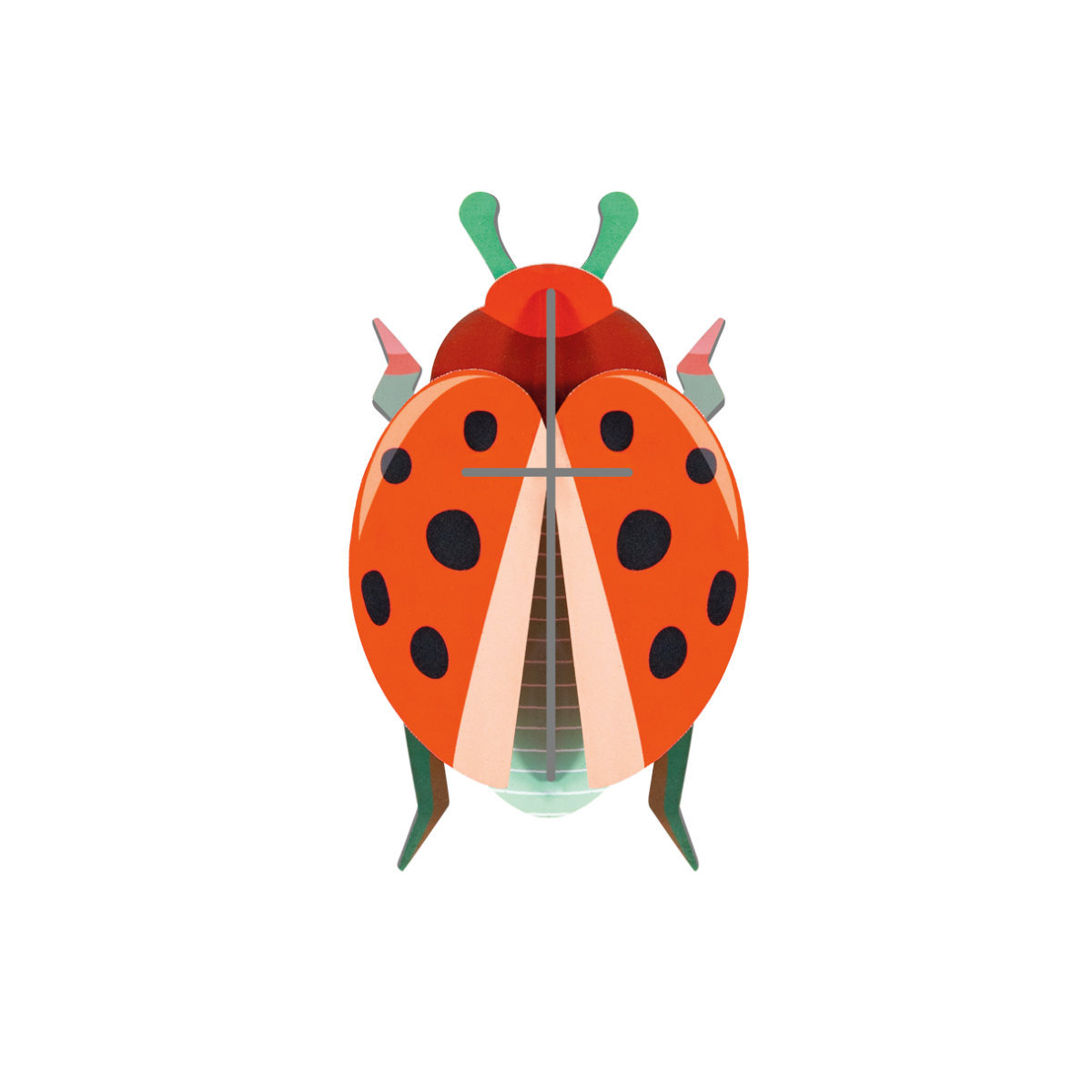 Cardboard sculpture of a red beetle with dark spots. 