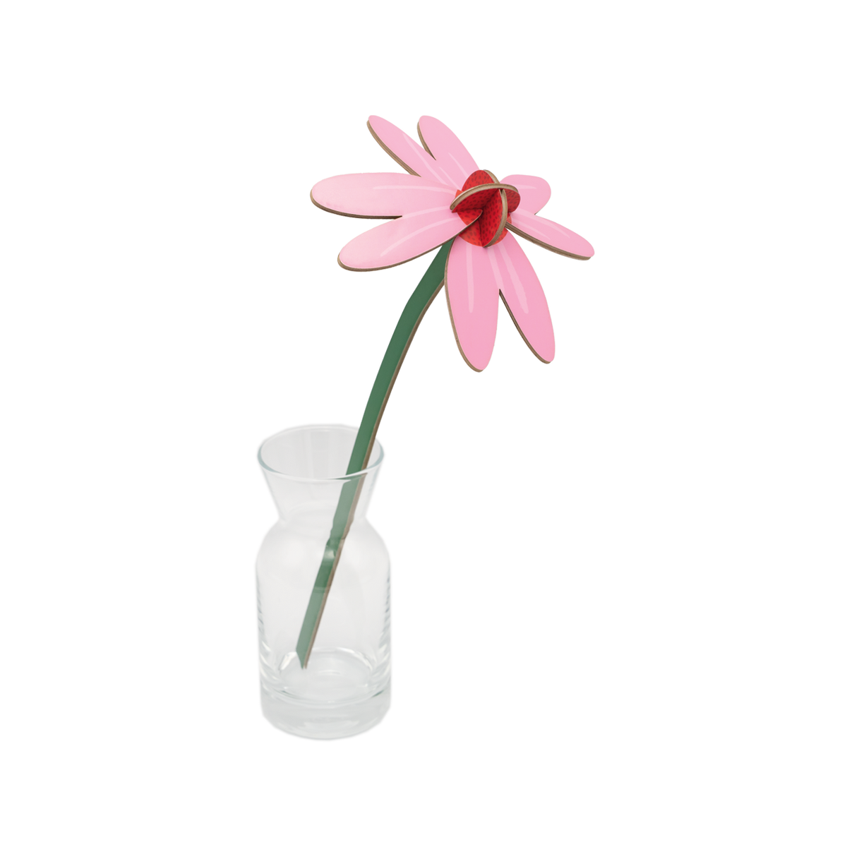 Pink and red cardboard flower in a small glass vase. 