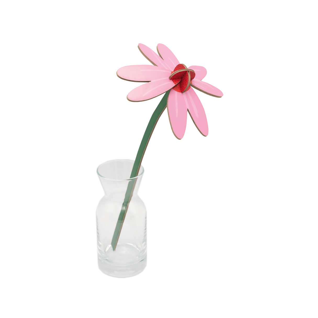 Pink and red cardboard flower in a small glass vase. 