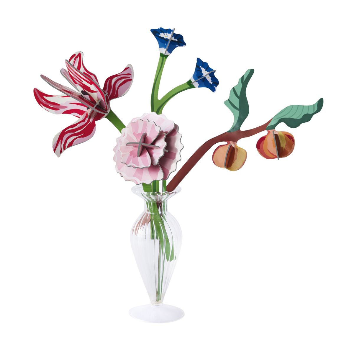 Vase full of paper flowers and a branch with peaches on it. 