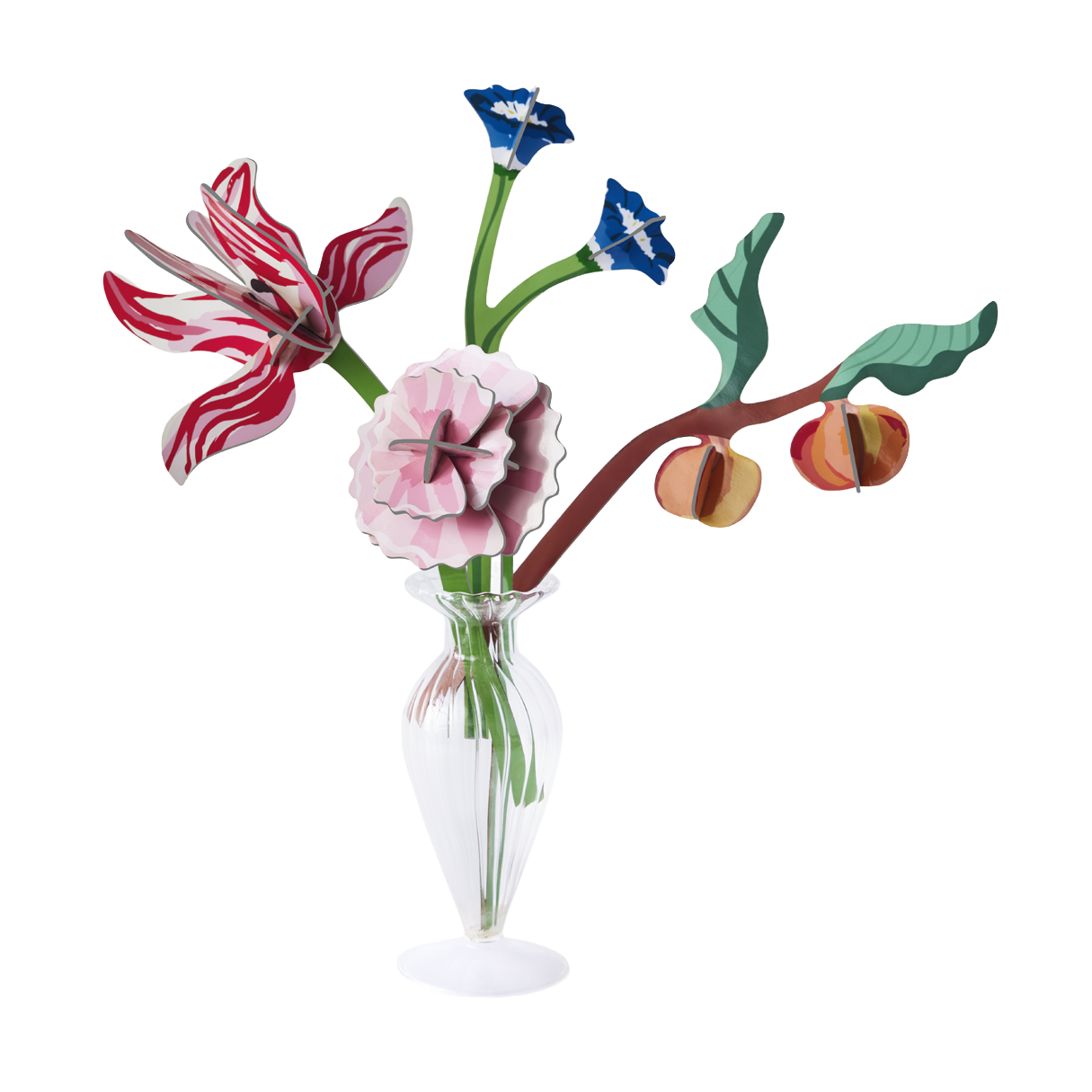 Vase full of paper flowers and a branch with peaches on it. 