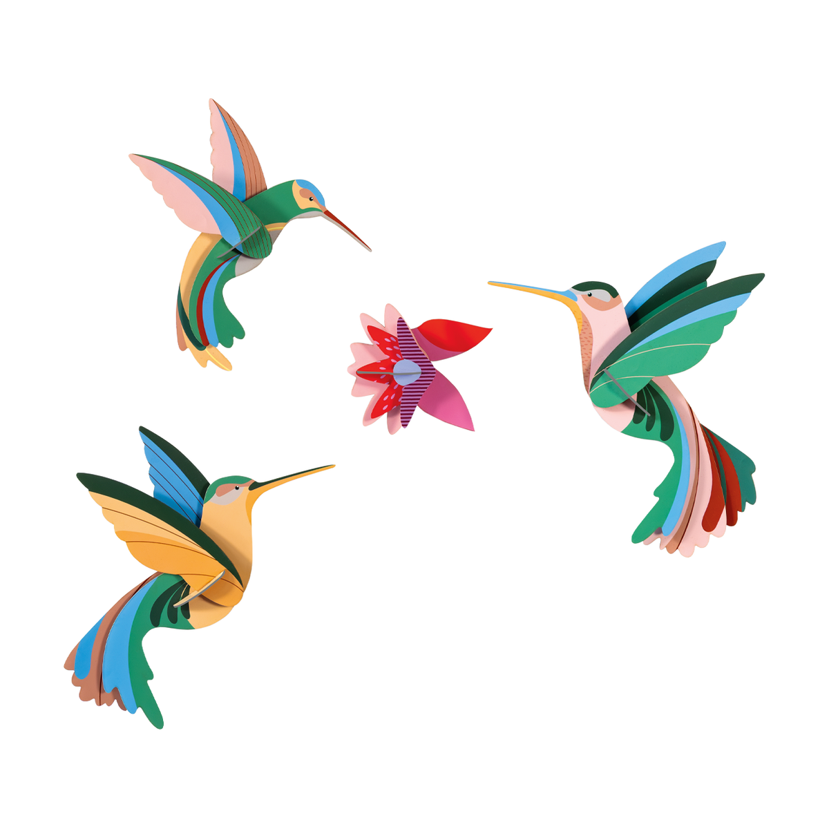 Grouping of three hummingbirds surrounding a red, purple, and pink flower. 