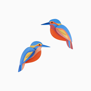 Two cardboard kingfisher bird sculptures against a white background. 