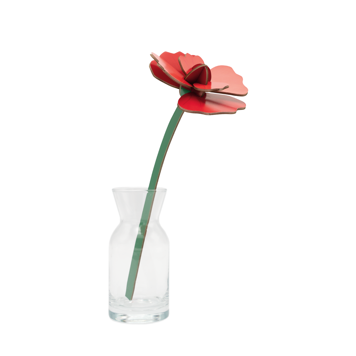 Red cardboard flower in a small glass vase. 