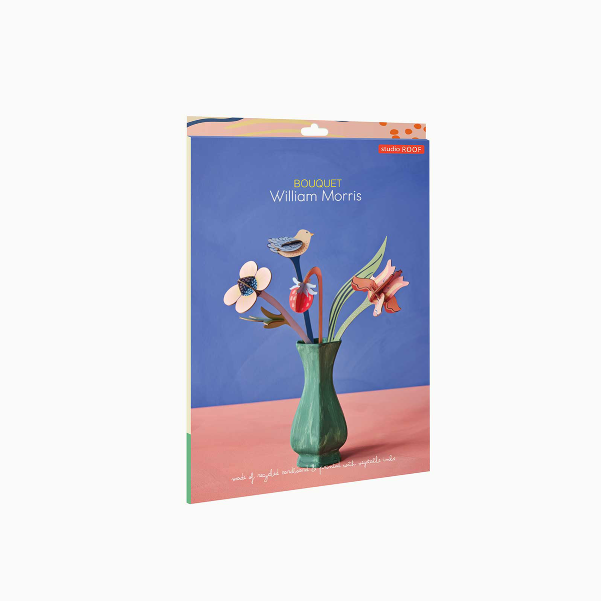 Packaging for a William Morris Bouquet paper craft kit with Studio Roof branding. 