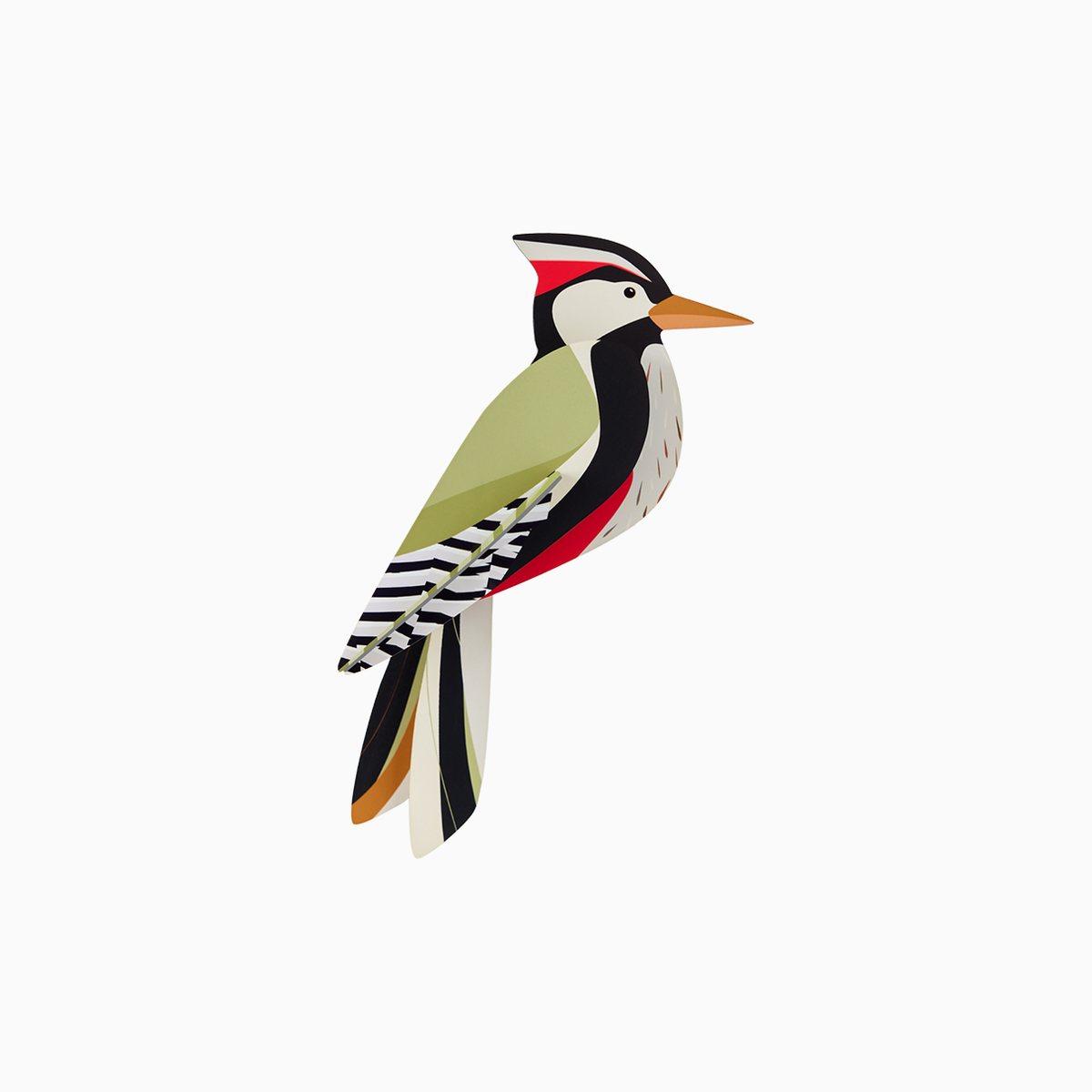 A cardboard sculpture of a woodpecker against a white background. 