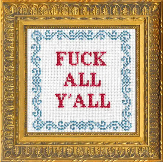 Cross-stitched phrase 'FUCK ALL Y'ALL' in a decorative gold frame.