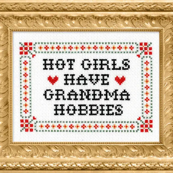 Cross-stitched text 'HOT GIRLS HAVE GRANDMA HOBBIES' in a decorative gold frame.
