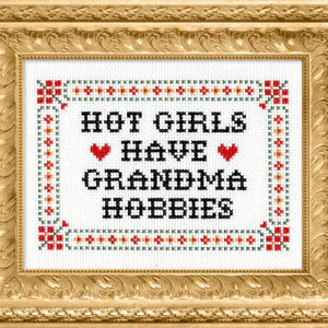 Cross-stitched text 'HOT GIRLS HAVE GRANDMA HOBBIES' in a decorative gold frame.