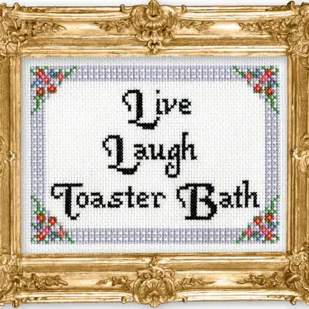 Decorative cross-stitched phrase 'Live Laugh Toaster Bath' in a gold frame with floral designs.