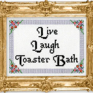 Decorative cross-stitched phrase 'Live Laugh Toaster Bath' in a gold frame with floral designs.