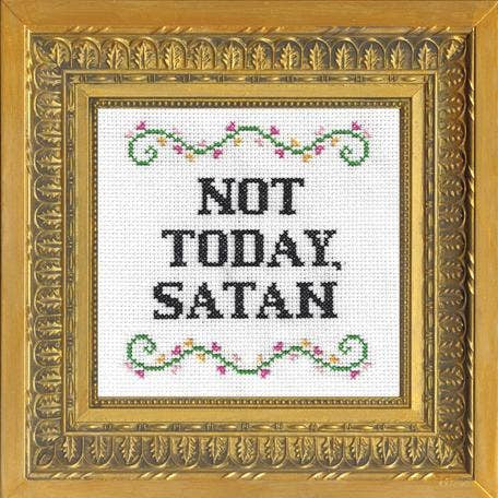 Decorative cross-stitch pattern with 'Not Today, Satan' text in a gold frame.