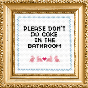 A finished cross stitch in an ornate gold frame that says "please don't do coke in the bathroom" with four pink bunnies and a heart 