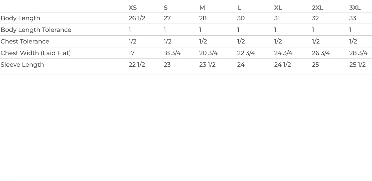 Measurement chart for clothing sizes with body length, chest width, and sleeve length tolerances.