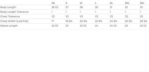 Measurement chart for clothing sizes with body length, chest width, and sleeve length tolerances.