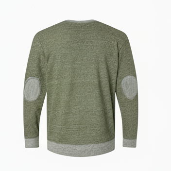 Green sweater with elbow patches on a white background.