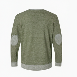 Green sweater with elbow patches on a white background.