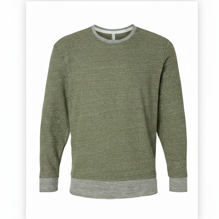 Green sweater with gray trim on a white background. 
