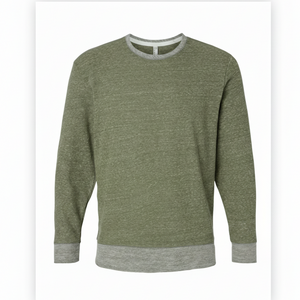 Green sweater with gray trim on a white background. 