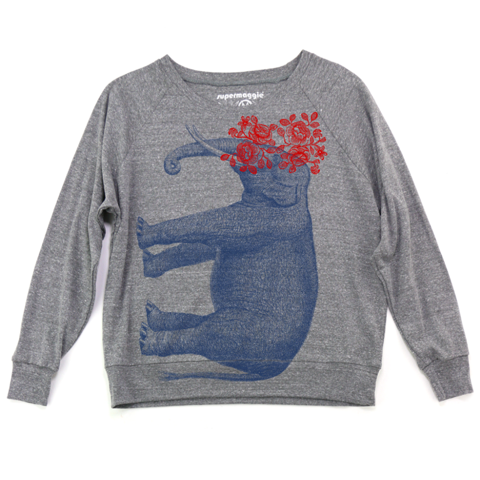 Gray sweatshirt with a blue elephant and red flowers design on a white background. 