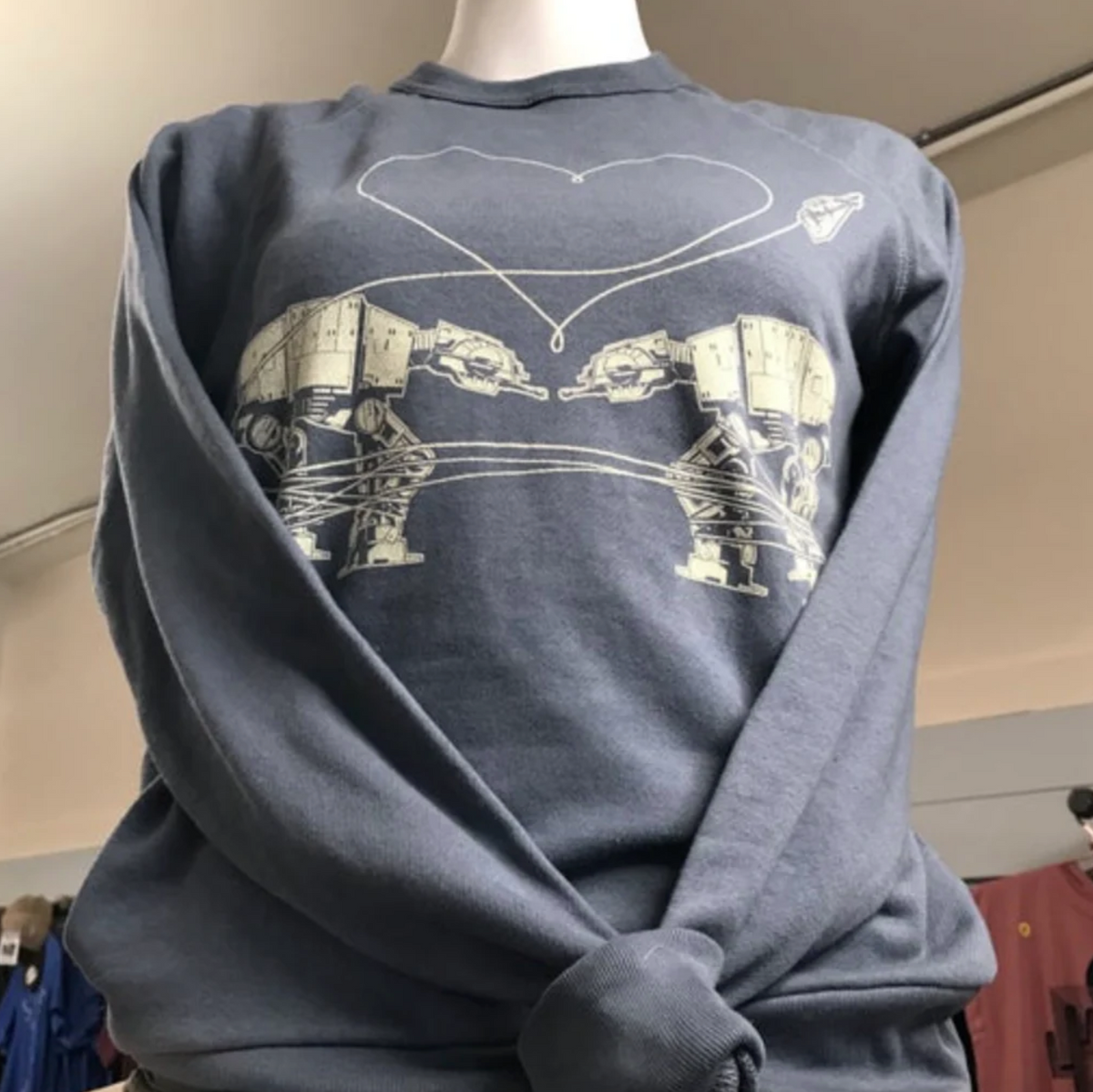 Gray sweatshirt with a graphic design on a mannequin against a neutral background. 