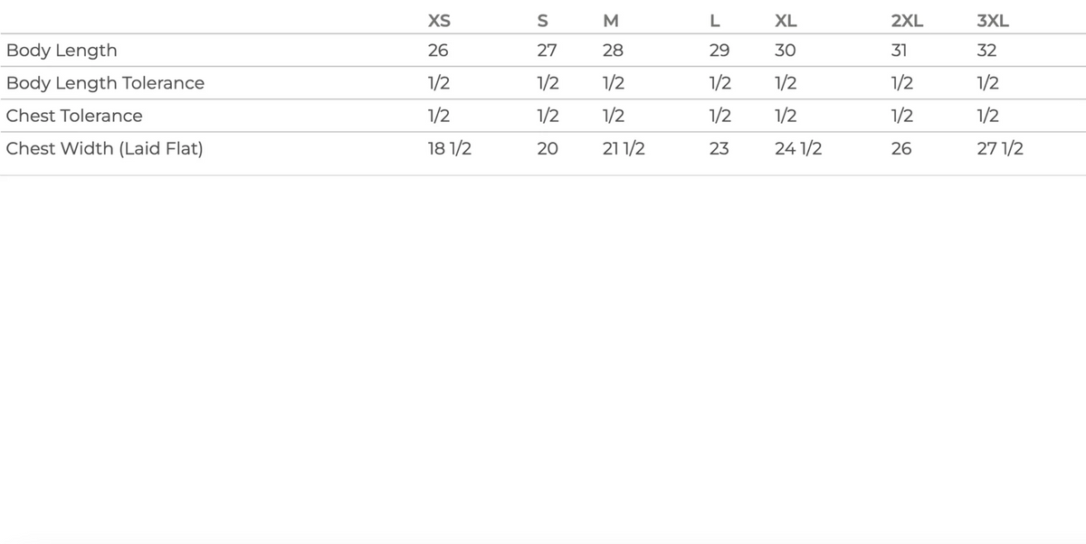 Measurement chart for body length and chest width with tolerance values on a white background