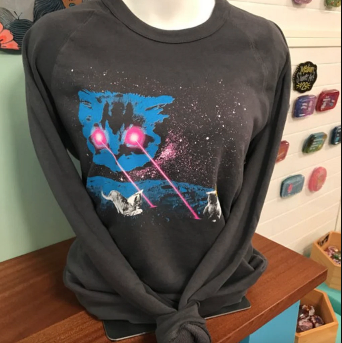 Dark Gray sweatshirt with our meta laser cat design on a mannequin.