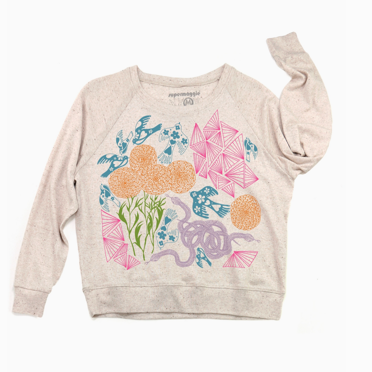 Beige sweatshirt with colorful floral-themed design on a white background