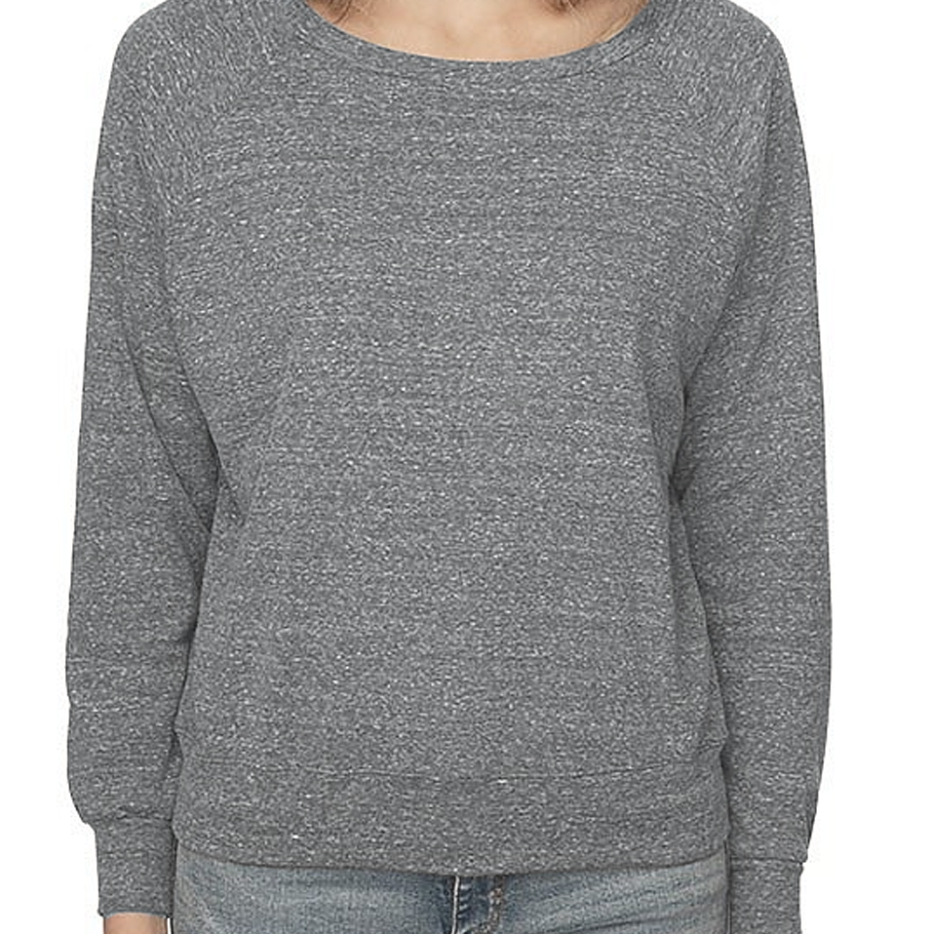 Gray sweatshirt worn by a person on a white background.